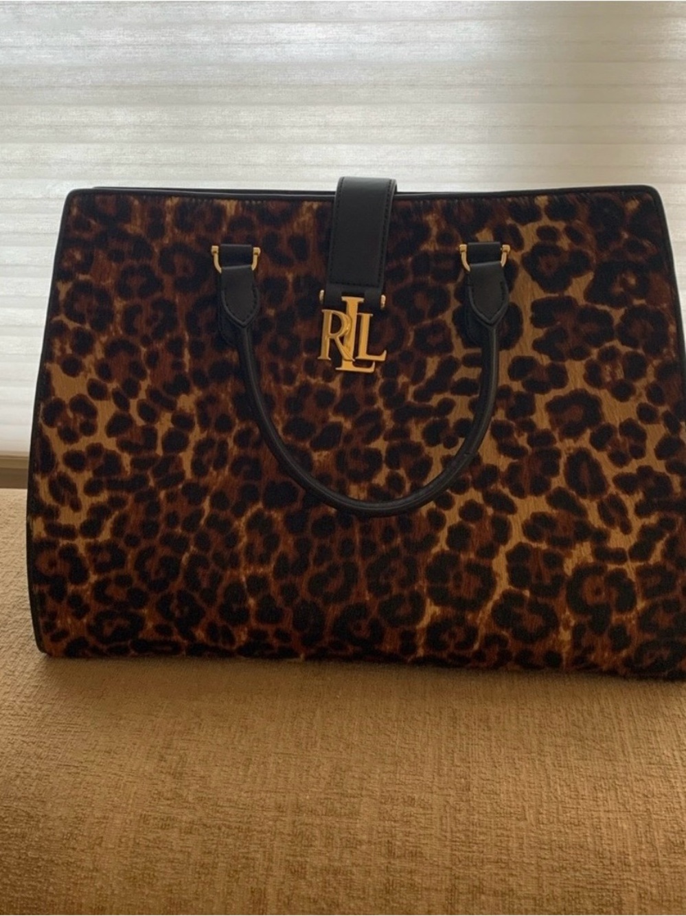 Ralph Lauren Leopard-Print Tote with Black Handles and Gold RL Logo
